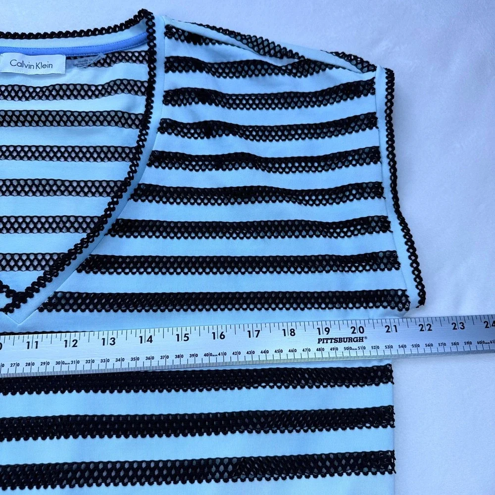 Calvin Klein Striped Mesh‎ Swim Cover-Up Dress Blue Black V-Neck Pockets Large
